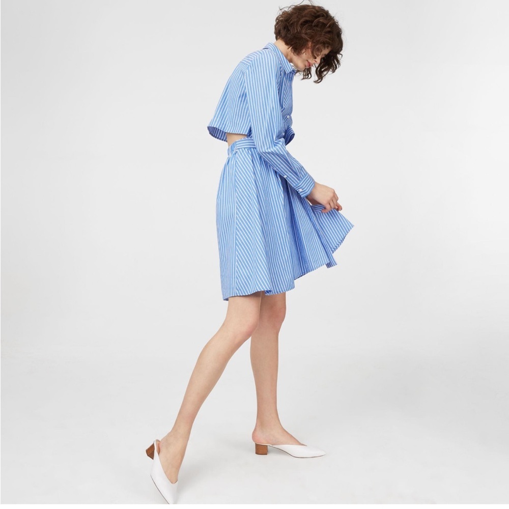• Club Monaco • Shapira Blue Striped Belted Shirt Long Sleeve Cotton Mini Dress